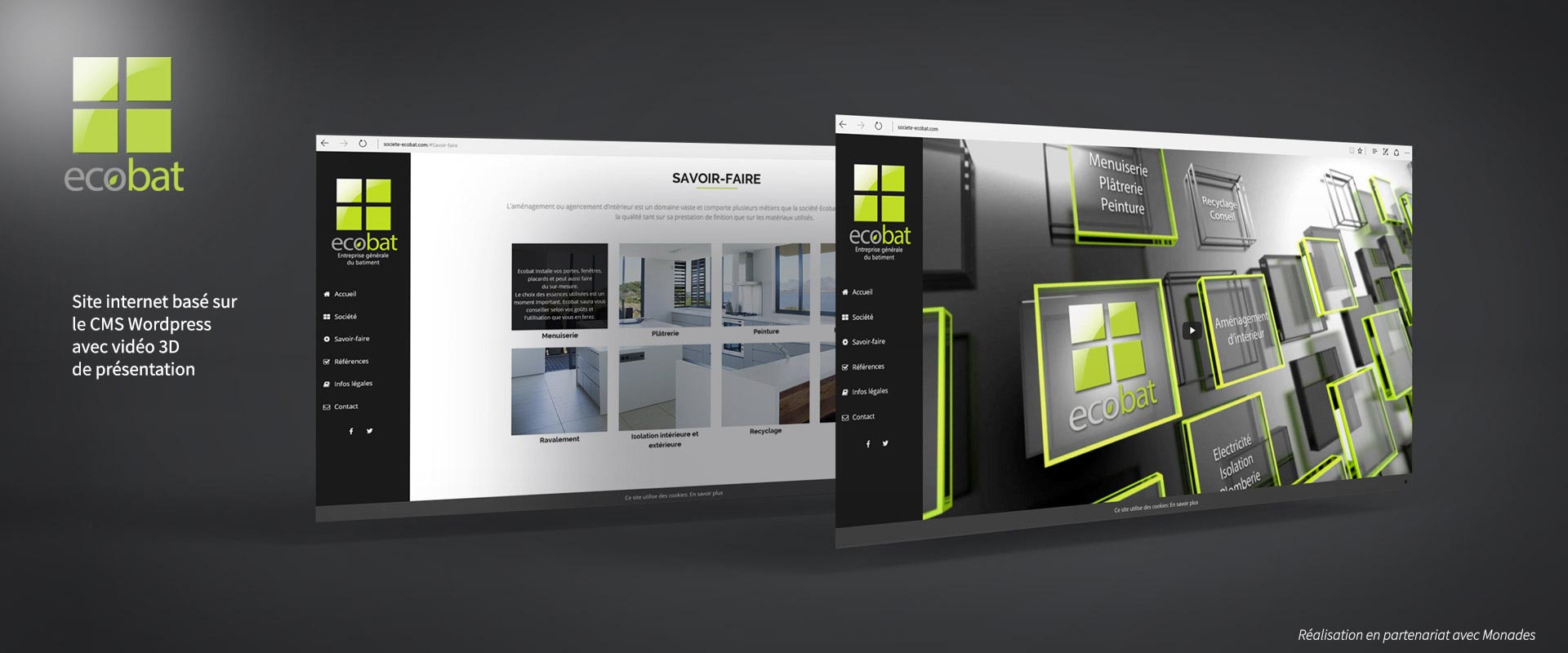 Site internet de la société Ecobat, basé sur le CMS WordPress avec vidéo 3D de présentation